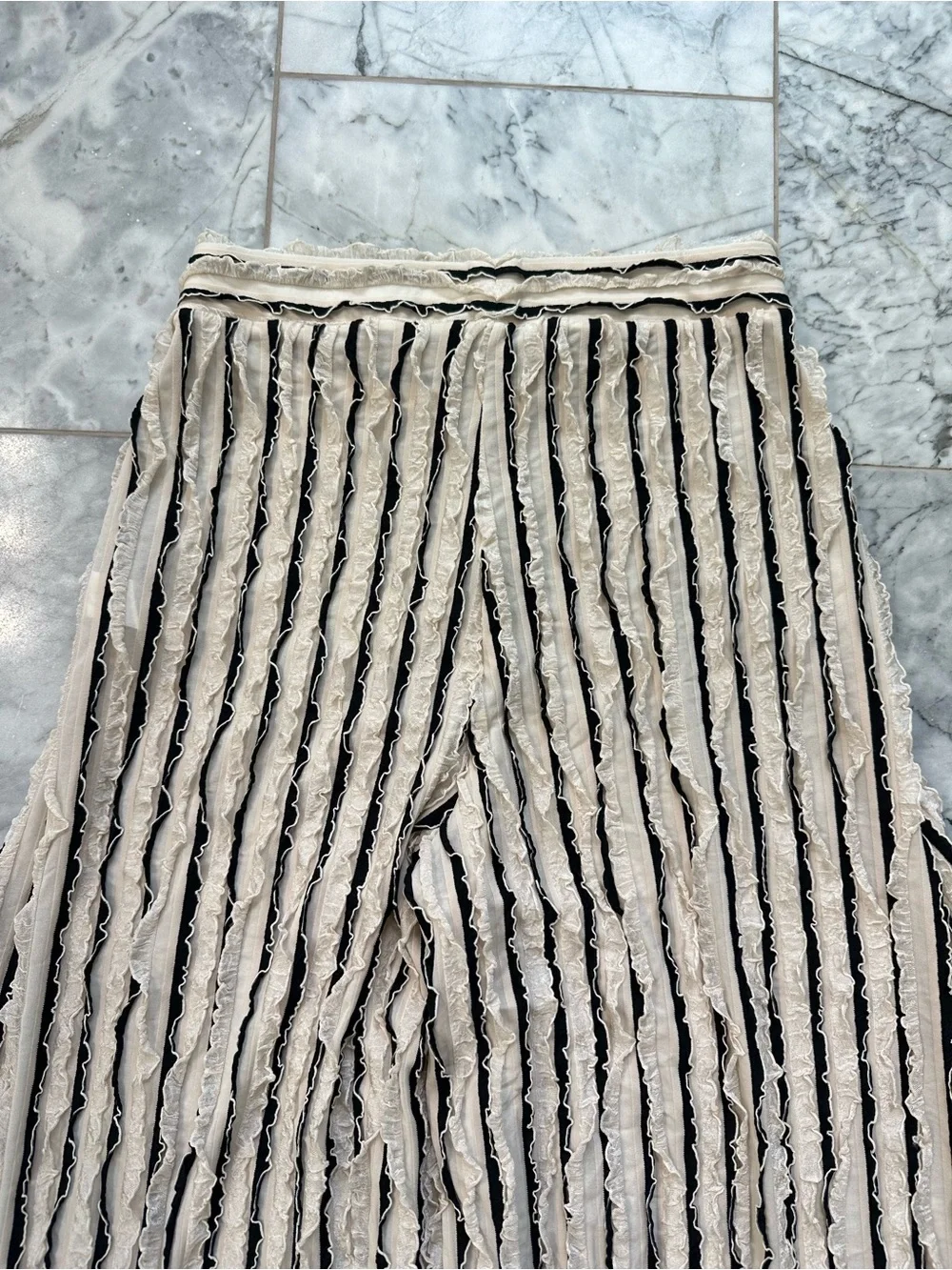 ZARA Cream Black Stripe Ruffle Knit Wide Leg Pants